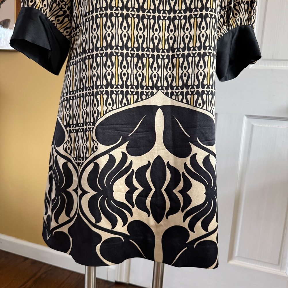 Claude Brown 100% Silk Black and Cream Patterned Women's Shift Dress 2 - Picture 7 of 13